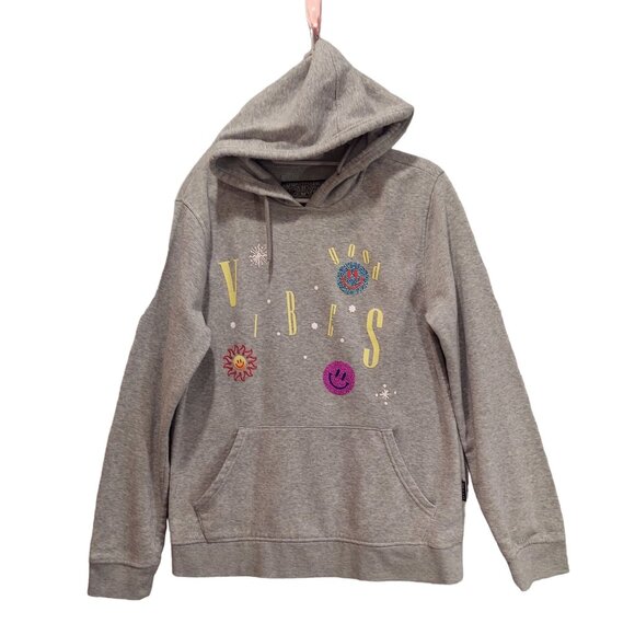 Hoodie womens M good vibrations colorful retro upbeat happy face sun boho hippie - Picture 1 of 16
